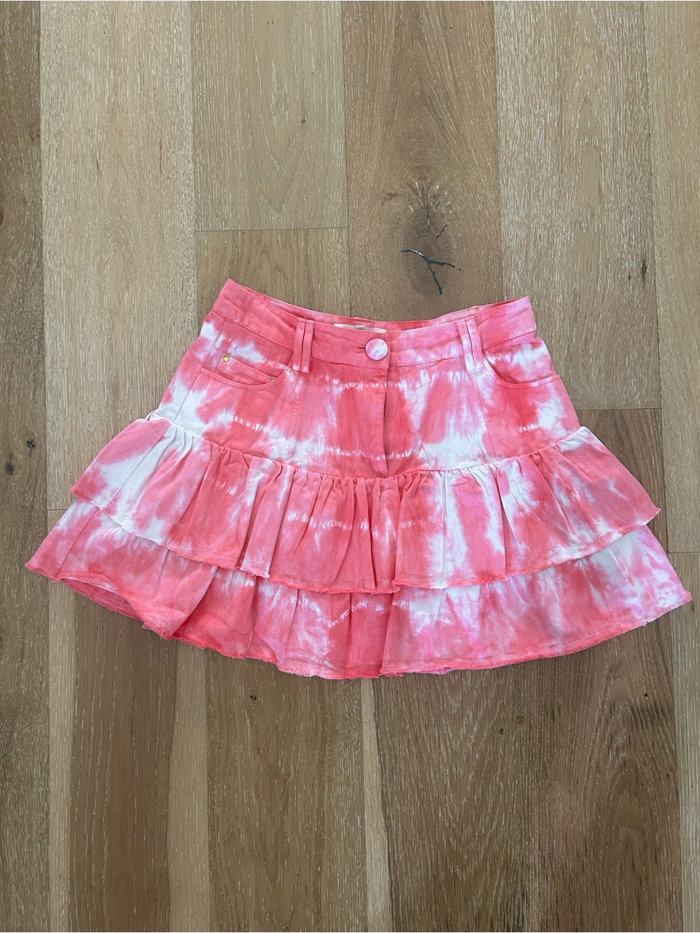 LoveShackFancy Coral Pink Tie-Dye Ruffle Mini Skirt